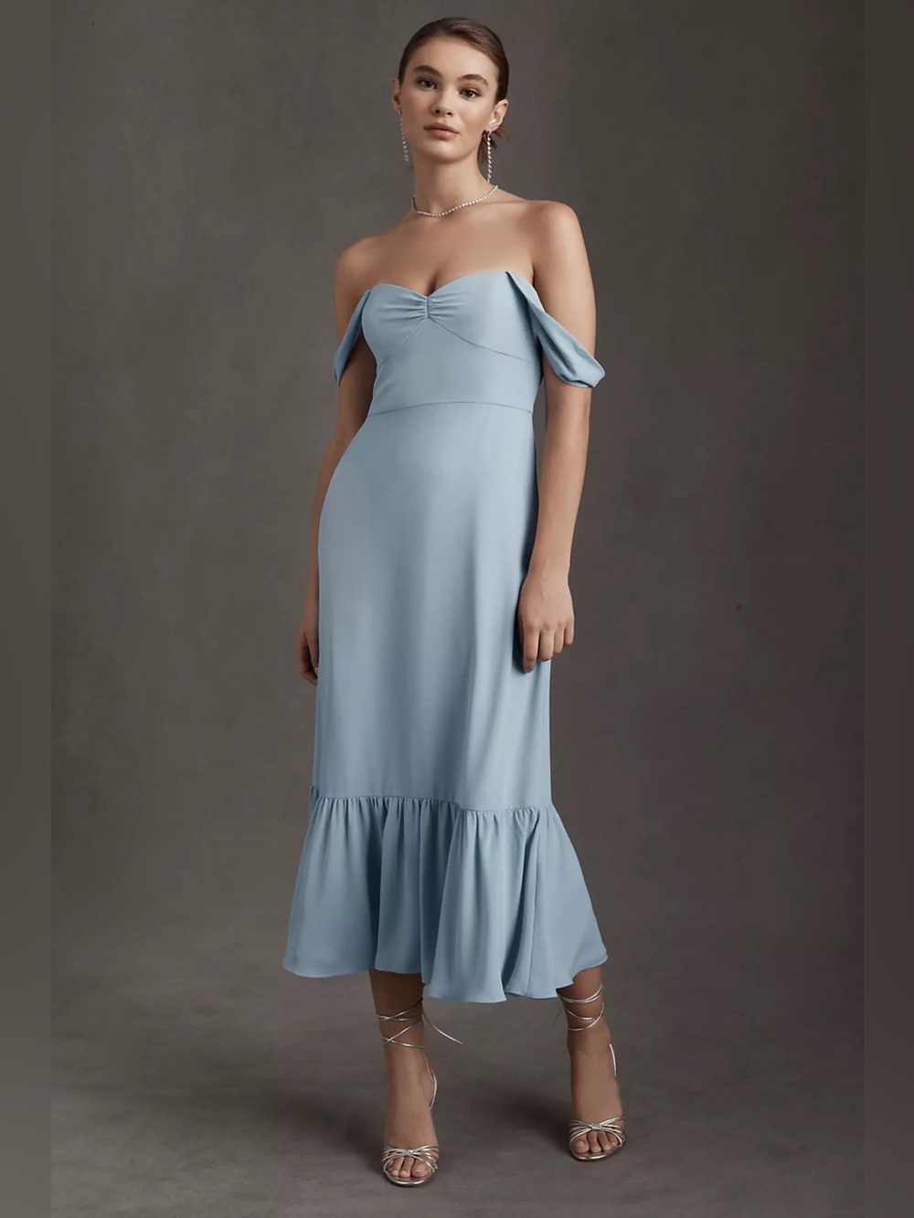 BHLDN Munroe Dusty Blue Georgette Off Shoulder Midi Dress US 2